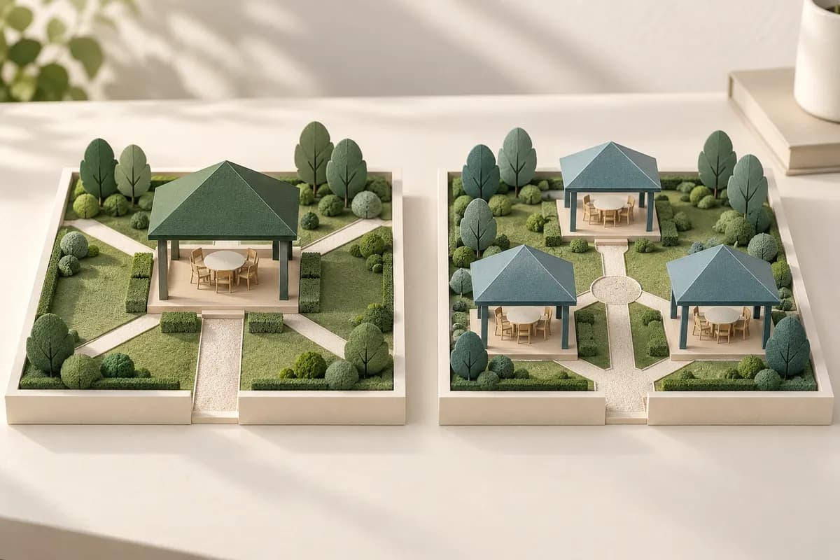 Two miniature courtyards contrast one central meeting pavilion with several connected smaller pavilions