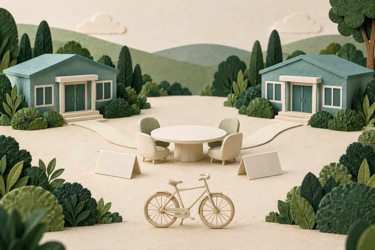 Two small service buildings face a shared meeting table with blank agreements between connecting paths