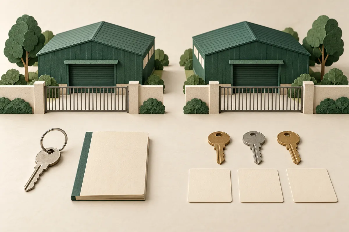 Two warehouse models have matching gates but different arrangements of keys and blank ownership records