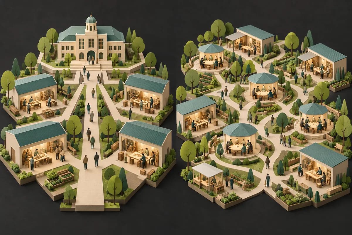 Conceptual comparison of a community coordinated by one central institution and a community coordinated by local assemblies