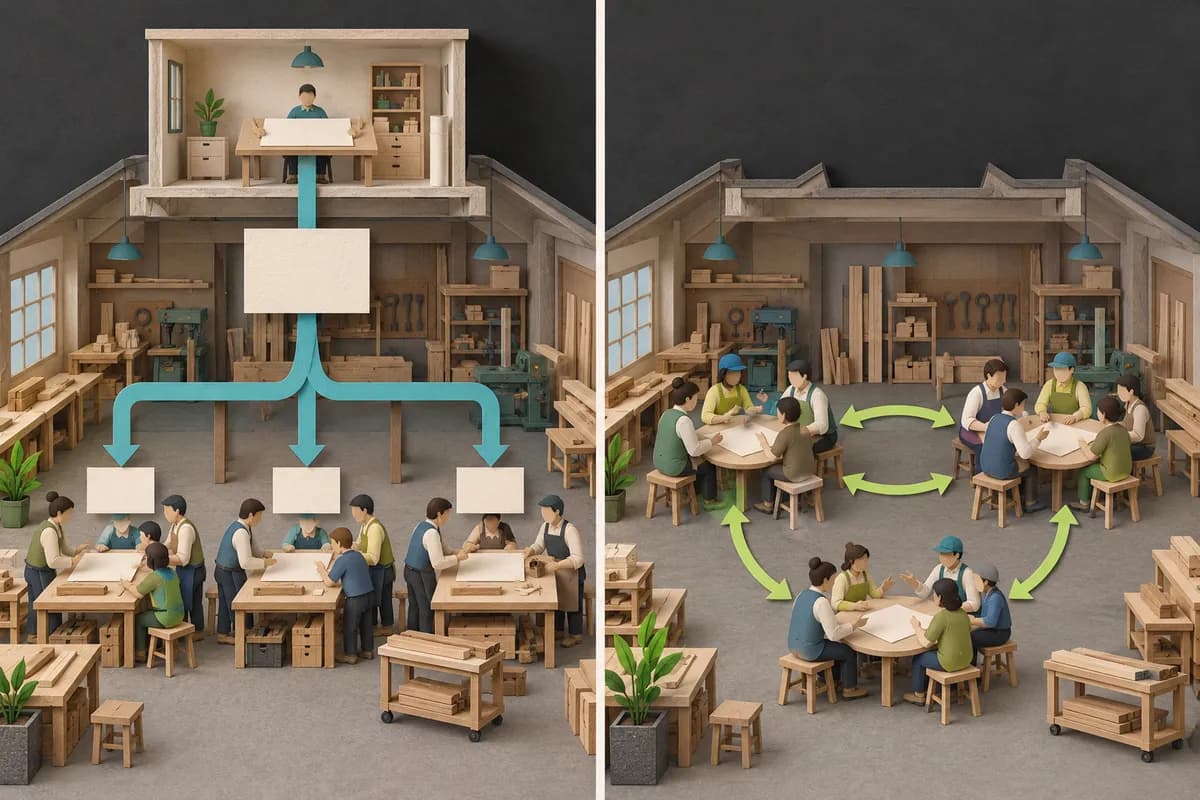 Shared workshops organized through a central plan on the left and linked worker assemblies on the right