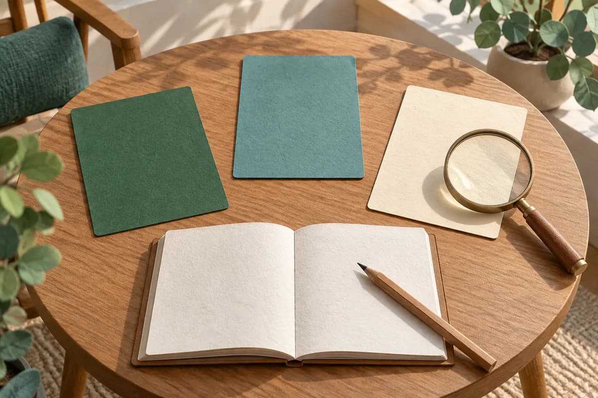 Separate blank proposal cards surround a round table holding a notebook, pencil and magnifying glass