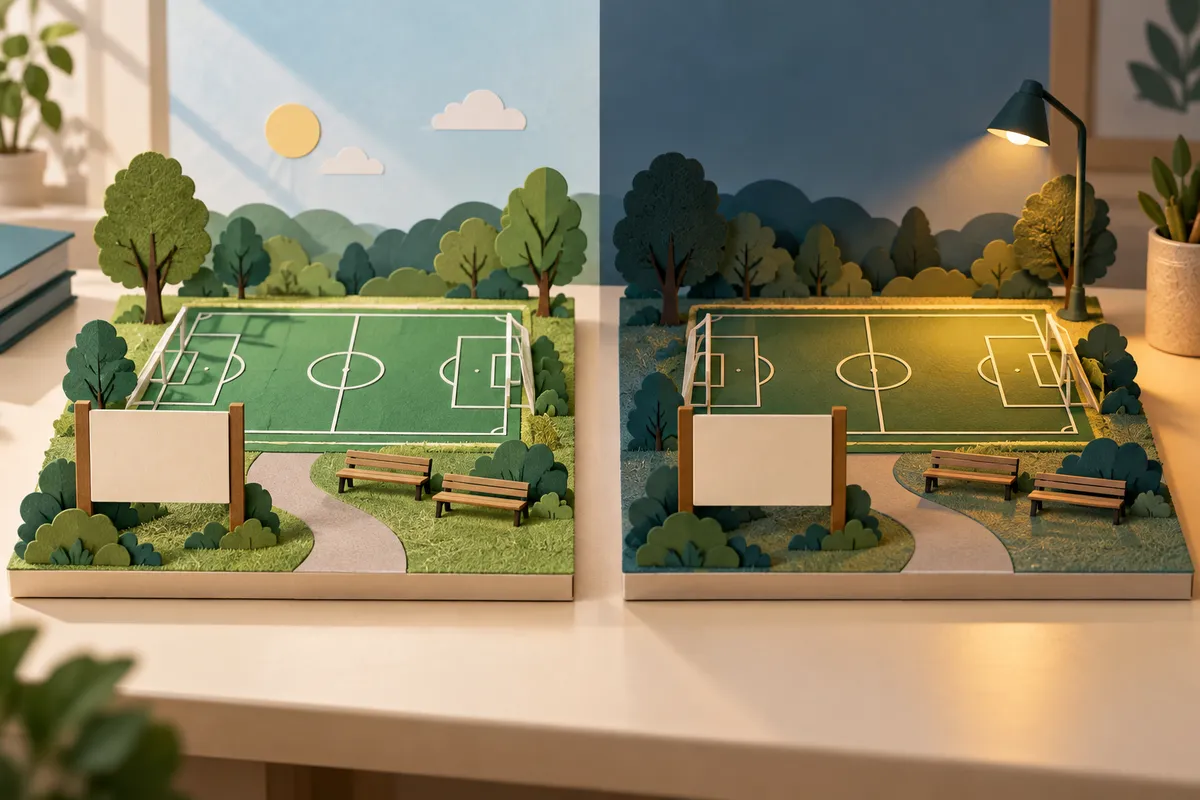 Two miniature versions of a sports field show daylight and evening lighting beside blank opening notices