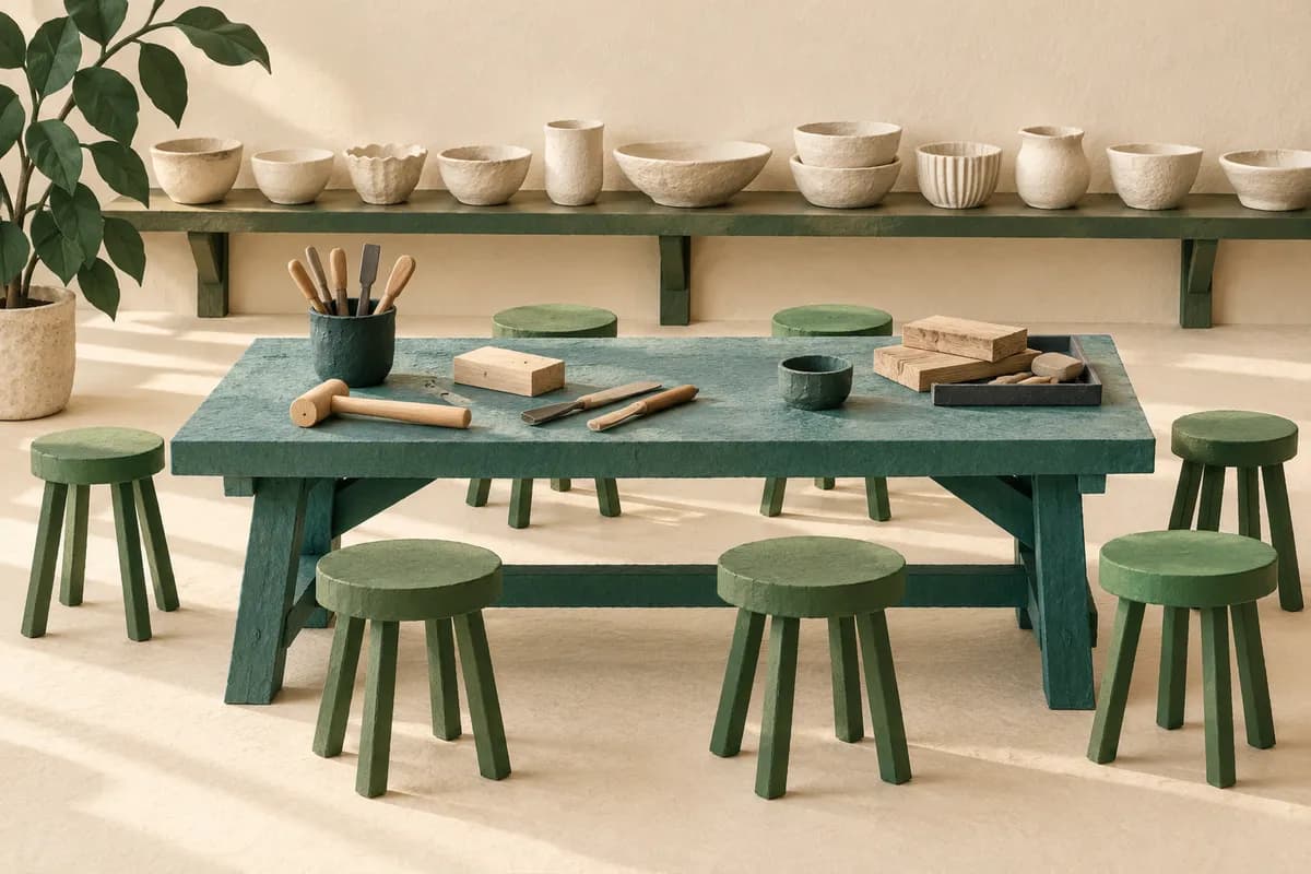 Green stools surround a shared workshop bench with tools and a separate shelf of handmade bowls