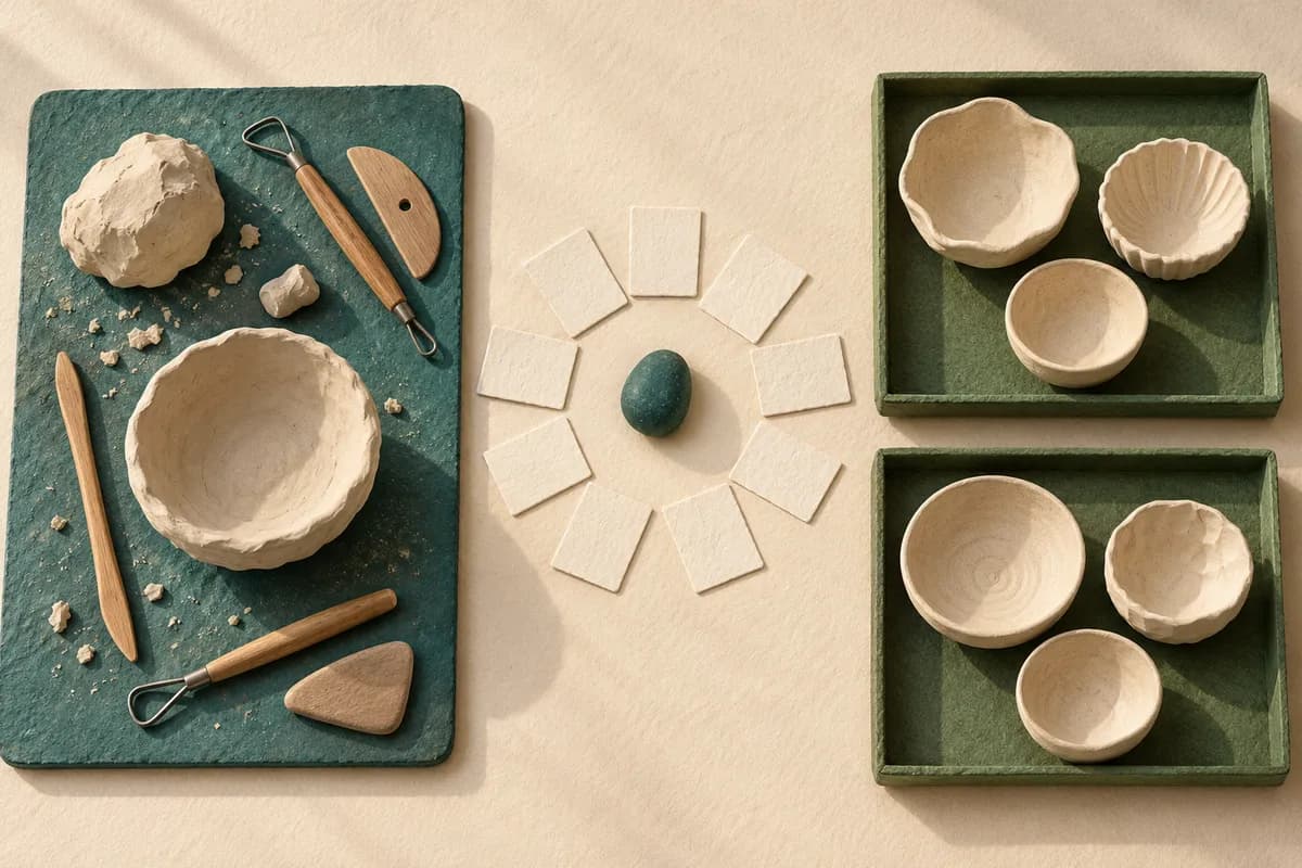 A shared craft table stands beside separate trays of bowls and a circle of blank decision cards