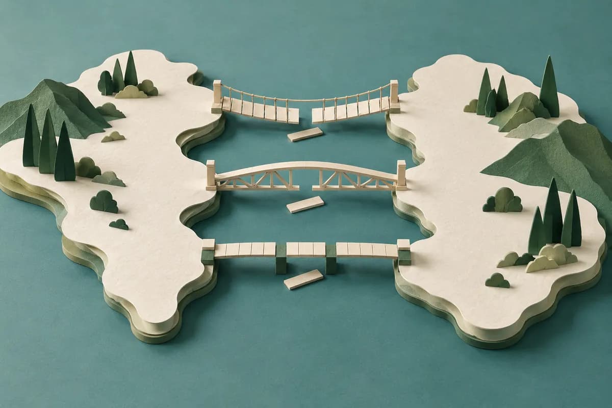 Three independent paper bridges connect two abstract islands with removable planks beside them