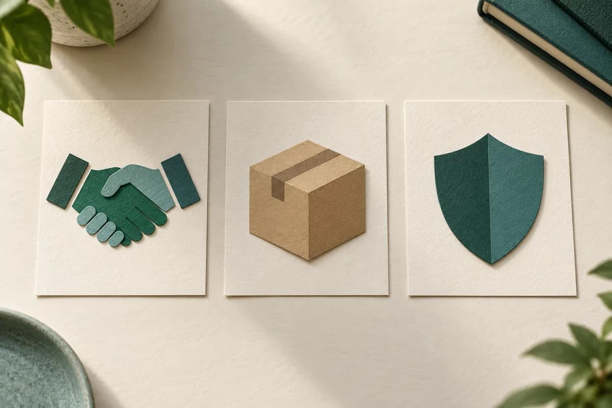 Three separate paper cards show a handshake, cargo box and shield as independent choices