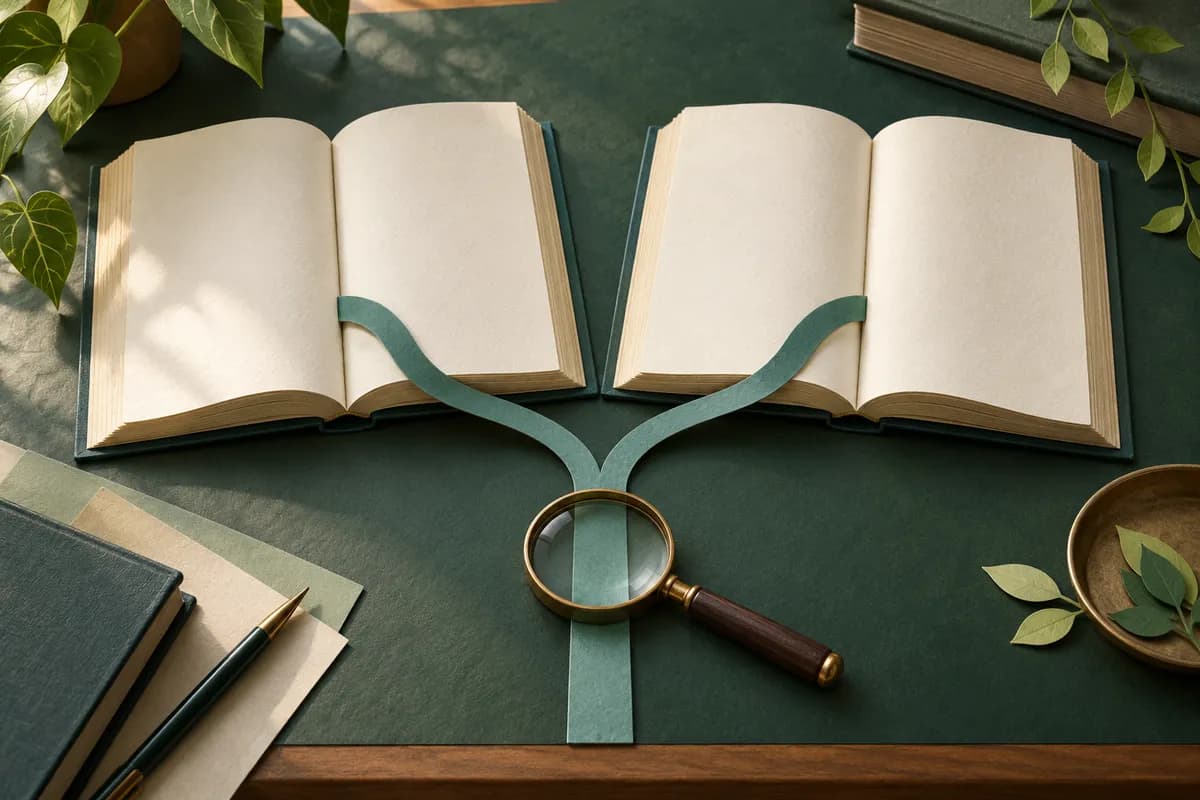 Two blank reference books share a branching teal ribbon with a magnifying glass at the junction
