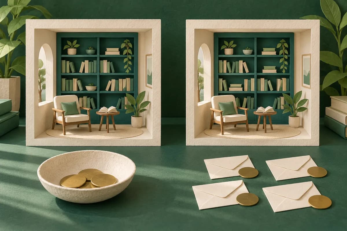Two miniature reading rooms stand behind a common bowl of discs and separate contribution envelopes