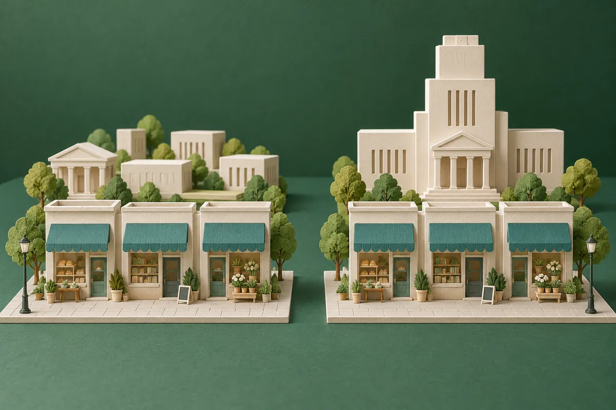 Two model shopping streets share private shopfronts but have different arrangements of civic buildings