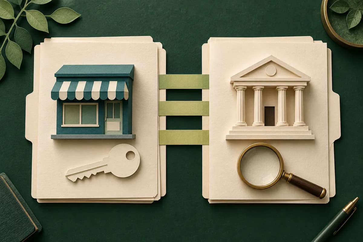 Separate paper folders hold a shop and ownership key beside a civic building and magnifying glass