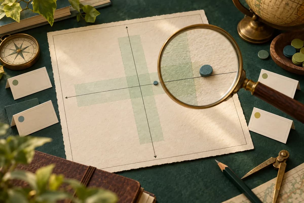 A magnifying glass examines a marker near the edge of a shaded central band on an unlabelled paper map