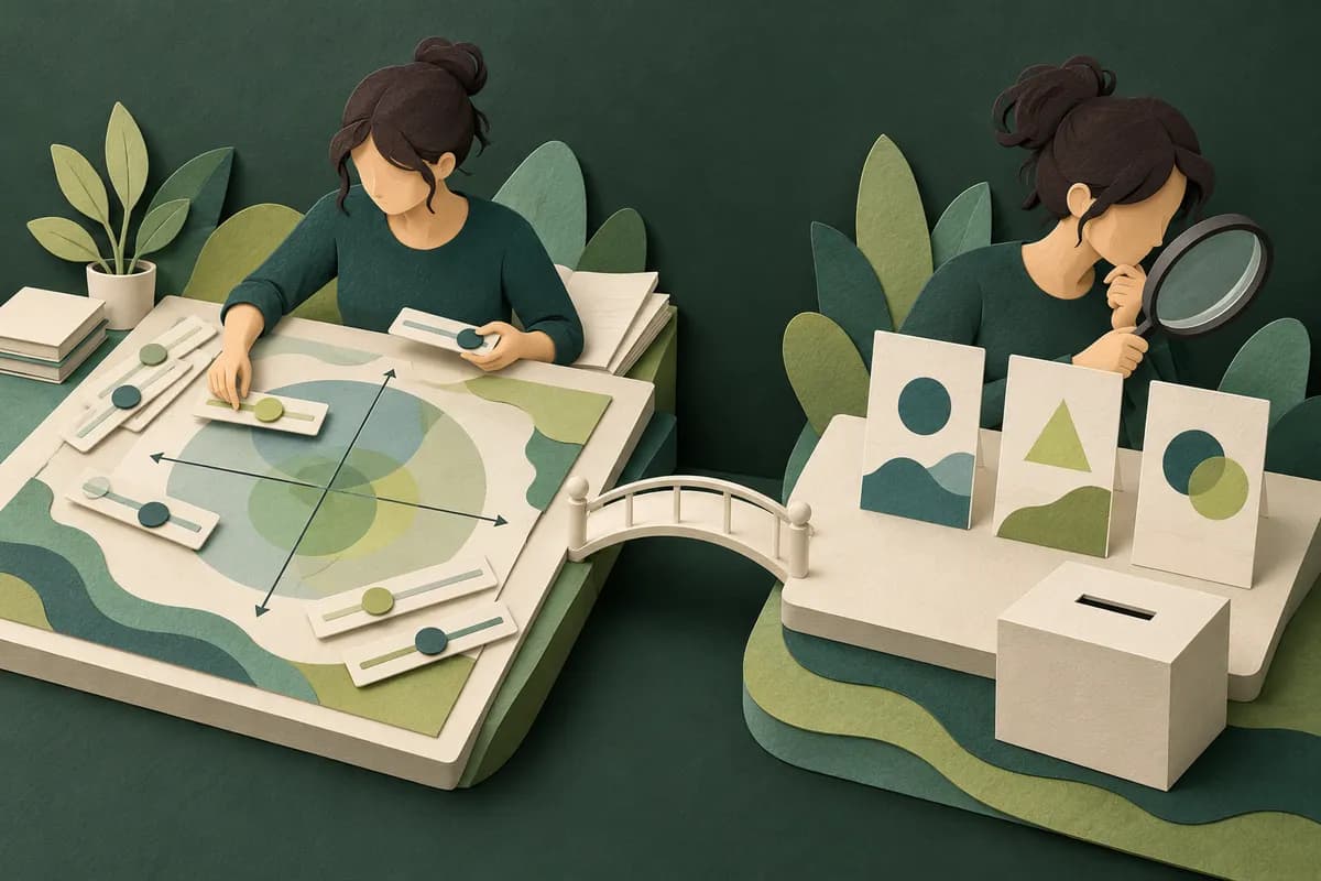 A reader maps personal values on one side and examines a limited set of political option cards on the other