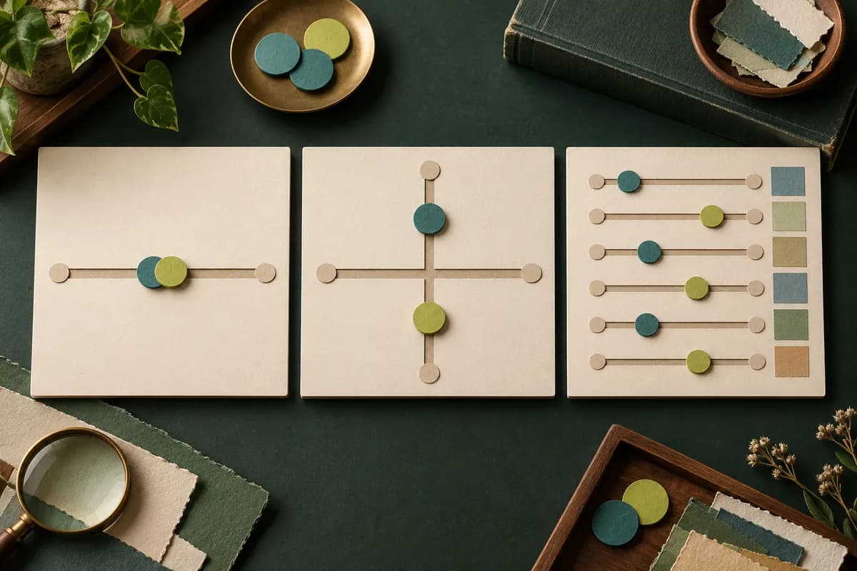 Paper panels compare a single track, a two-axis square and several separate tracks using colored markers