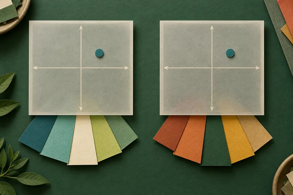 Two paper maps place a marker in the same position while different colored strips extend beneath them