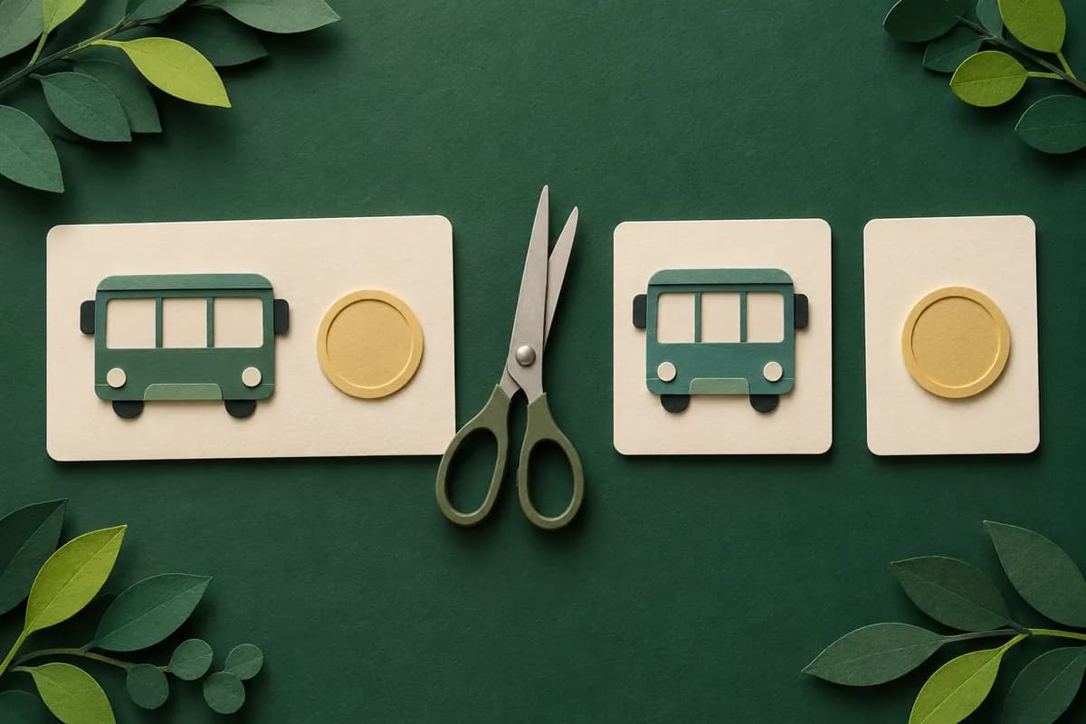 A joined card with a bus and coin is separated into two cards beside scissors
