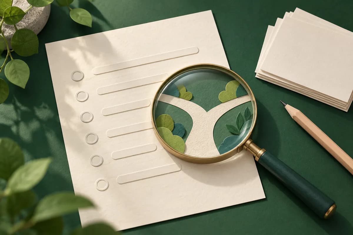 Magnifying glass over a paper questionnaire reveals a branching path beside blank cards