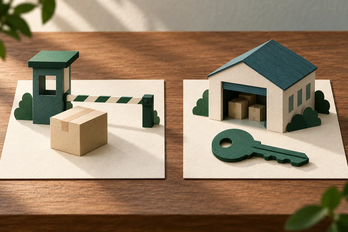 Separate paper cards show a cargo gate and a warehouse with a key to distinguish access from ownership