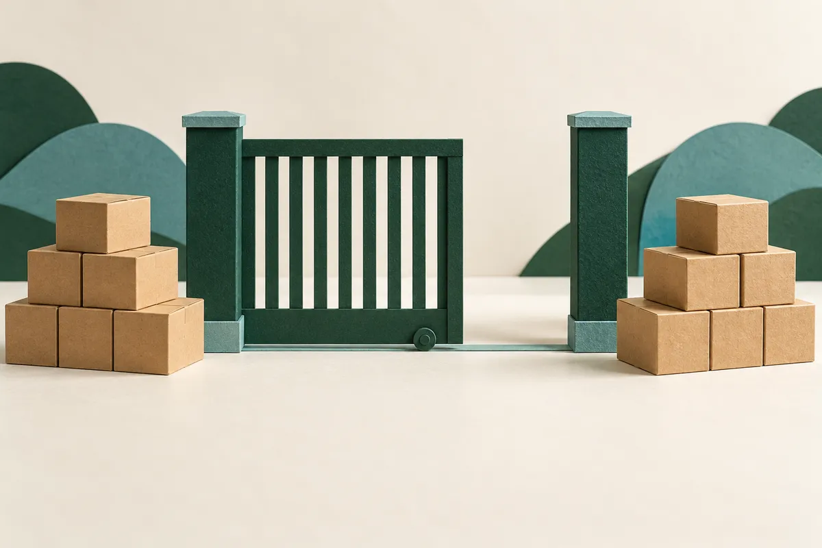 Identical plain cargo boxes stand on two sides of a partly open miniature paper gate