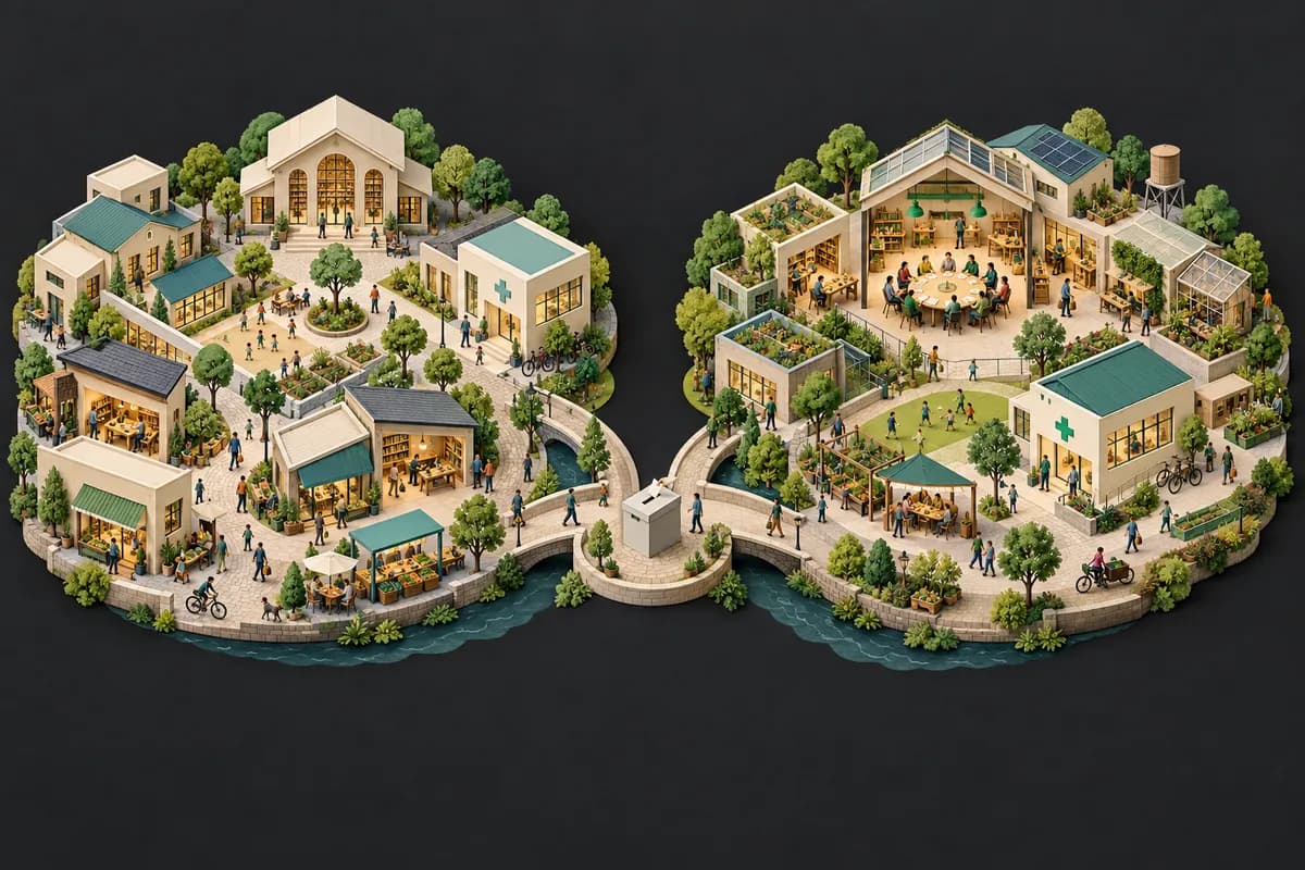 Conceptual towns with shared public services and different ways of organizing economic ownership