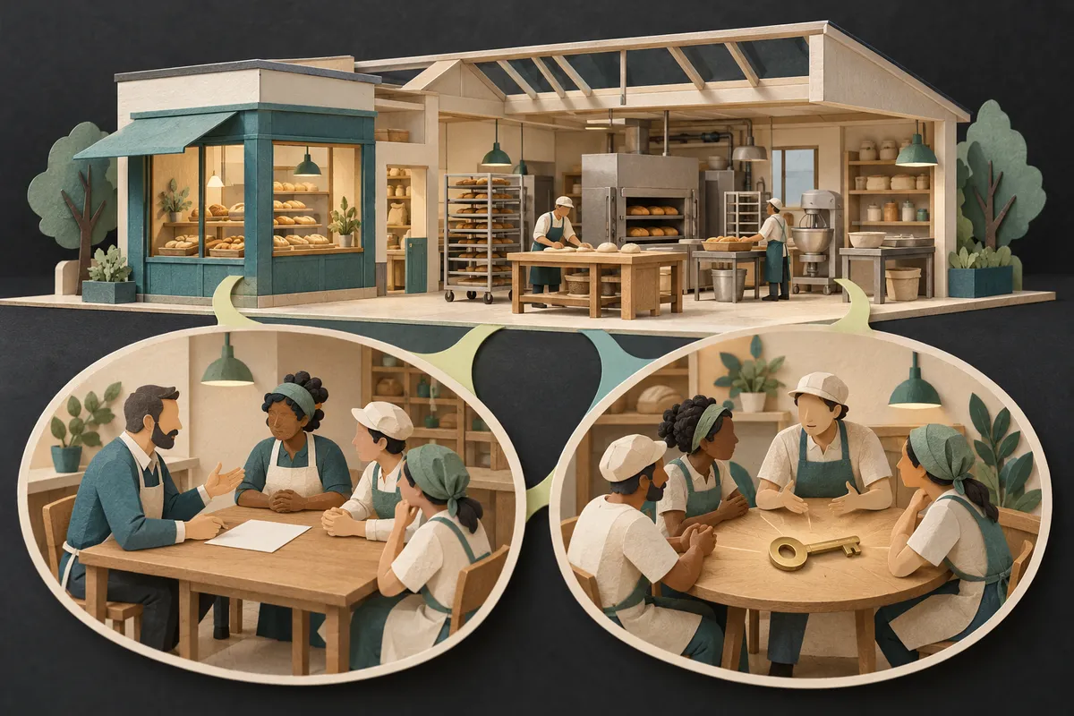 A bakery illustrating wage negotiations on one side and workers making ownership decisions on the other